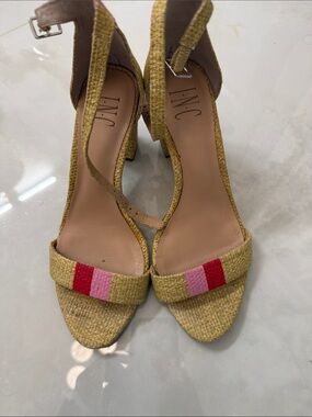 INC International Concepts Woven Heels with Pink and Red Stripes, ankle strap